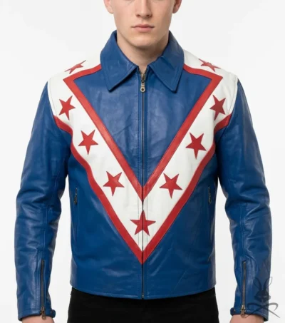 Mens Stegaro Blue Red Star and Stripes Racing Premium Genuine Leather Jacket