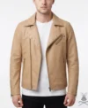 Mens Tan Studded Belted Leather Biker Jacket