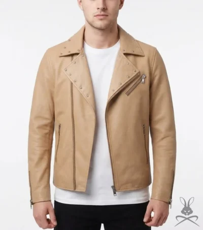 Mens Tan Studded Belted Leather Biker Jacket