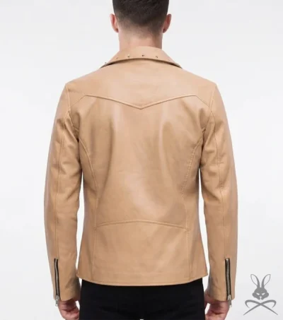 Mens Tan Studded Belted Leather Biker Jacket back