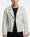 Mens White Brando Biker Motorcycle Genuine Leather Jacket