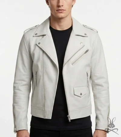 Mens White Brando Biker Motorcycle Genuine Leather Jacket