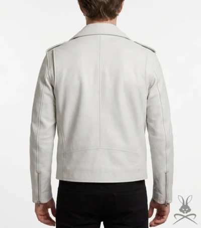 Mens White Brando Biker Motorcycle Genuine Leather Jacket back