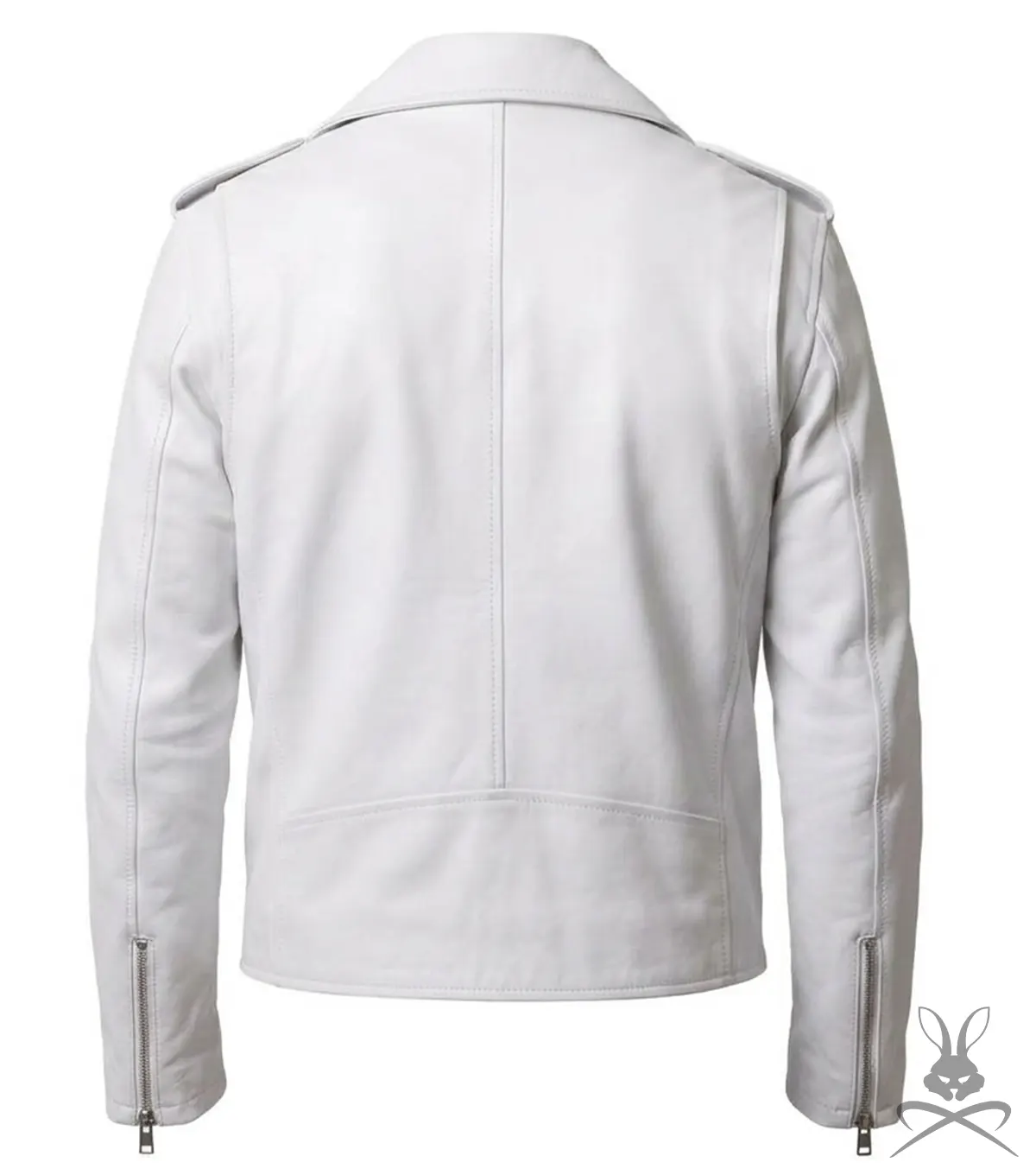 Mens White Brando Biker Motorcycle Genuine Leather Jacket back view