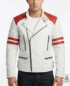 Mens White Real Leather Biker Jacket with Red Patches