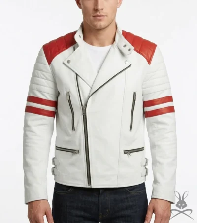Mens White Real Leather Biker Jacket with Red Patches