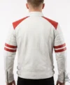 Mens White Real Leather Biker Jacket with Red Patches back