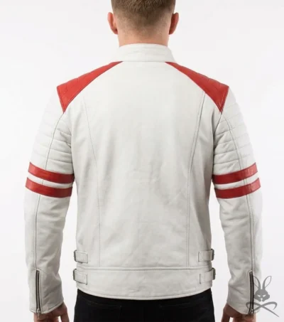 Mens White Real Leather Biker Jacket with Red Patches back