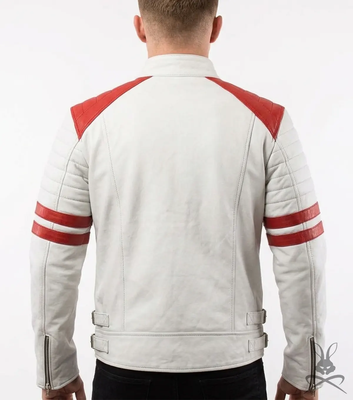 Mens White Real Leather Biker Jacket with Red Patches back