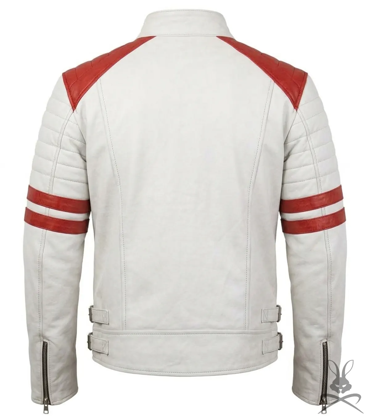 Mens White Real Leather Biker Jacket with Red Patches bback pose