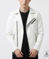 Mens White Studded Leather Biker Jacket