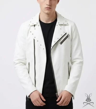 Mens White Studded Leather Biker Jacket