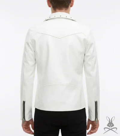 Mens White Studded Leather Biker Jacket back