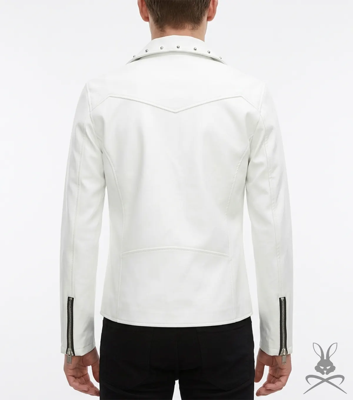 Mens White Studded Leather Biker Jacket back