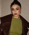 Mika Abdalla Off Campus Press Tour 2026 Burgundy Leather Trench Coat On Sale