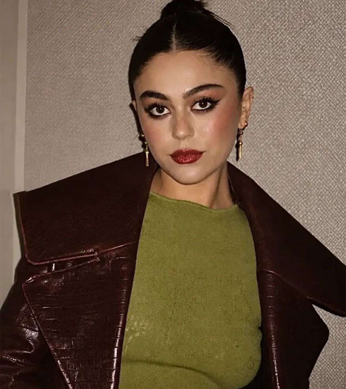 Mika Abdalla Off Campus Press Tour 2026 Burgundy Leather Trench Coat On Sale
