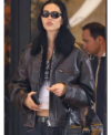 Milan Fashion Week 2026 Amelia Gray Hamlin Brown Leather Jacket with Shearling Collar Front