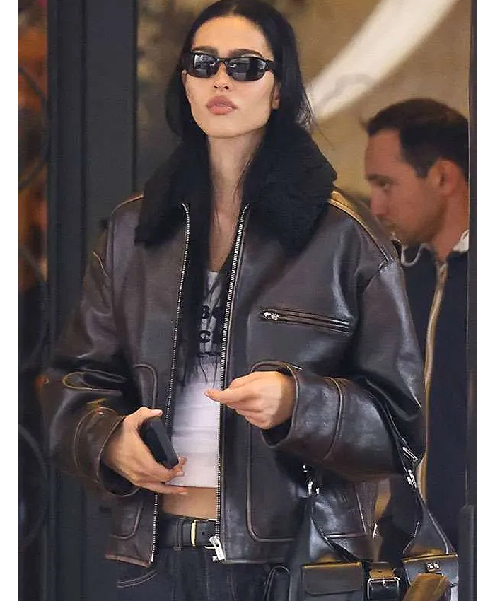 Milan Fashion Week 2026 Amelia Gray Hamlin Brown Leather Jacket with Shearling Collar Front