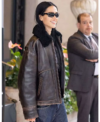 Milan Fashion Week 2026 Amelia Gray Hamlin Brown Leather Jacket with Shearling Collar Right
