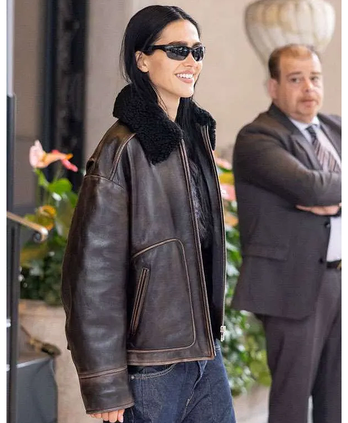 Milan Fashion Week 2026 Amelia Gray Hamlin Brown Leather Jacket with Shearling Collar Right