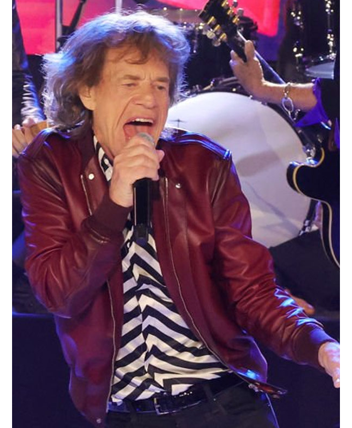 NYC Rocket Event English Singer Mick Jagger Red Leather Jacket Closeup