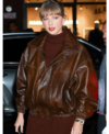 New York City Taylor Swift Distressed Brown Leather Jacket Front