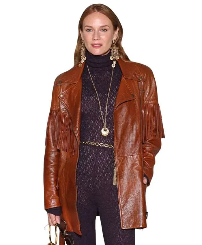 PWF Diane Kruger Brown Fringe Coat