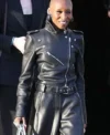 Paris Fashion Week 2026 Cynthia Erivo Black Pebbled Leather Biker Jacket