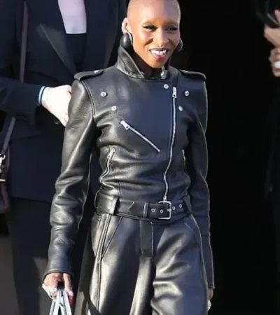 Paris Fashion Week 2026 Cynthia Erivo Black Pebbled Leather Biker Jacket