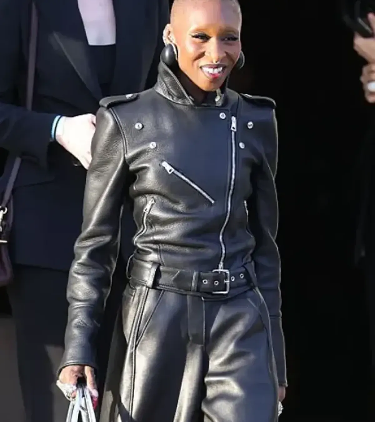 Paris Fashion Week 2026 Cynthia Erivo Black Pebbled Leather Biker Jacket