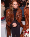 Paris Fashion Week 2026 Diane Kruger Brown Leather Fringe Short Coat Closeup