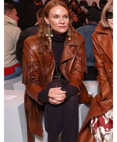 Paris Fashion Week 2026 Diane Kruger Brown Leather Fringe Short Coat Closeup