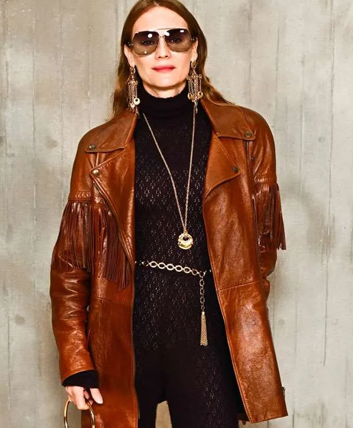 Paris Fashion Week 2026 Diane Kruger Brown Leather Fringe Short Coat Front