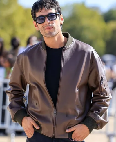 Paris Fashion Week 2026 Diego Calva Brown Leather Bomber Jacket Front