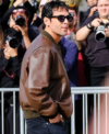 Paris Fashion Week 2026 Diego Calva Brown Leather Bomber Jacket Right