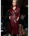 Paris Fashion Week 2026 Pom Klementieff Burgundy Leather Trench Coat Front