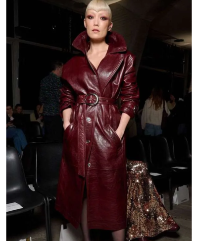 Paris Fashion Week 2026 Pom Klementieff Burgundy Leather Trench Coat Front