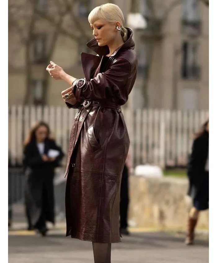 Paris Fashion Week 2026 Pom Klementieff Burgundy Leather Trench Coat Right