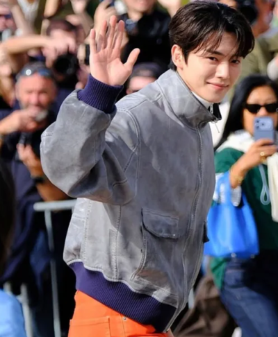 Paris Fashion Week 2026 Song Kang Grey Leather Bomber Jacket Left
