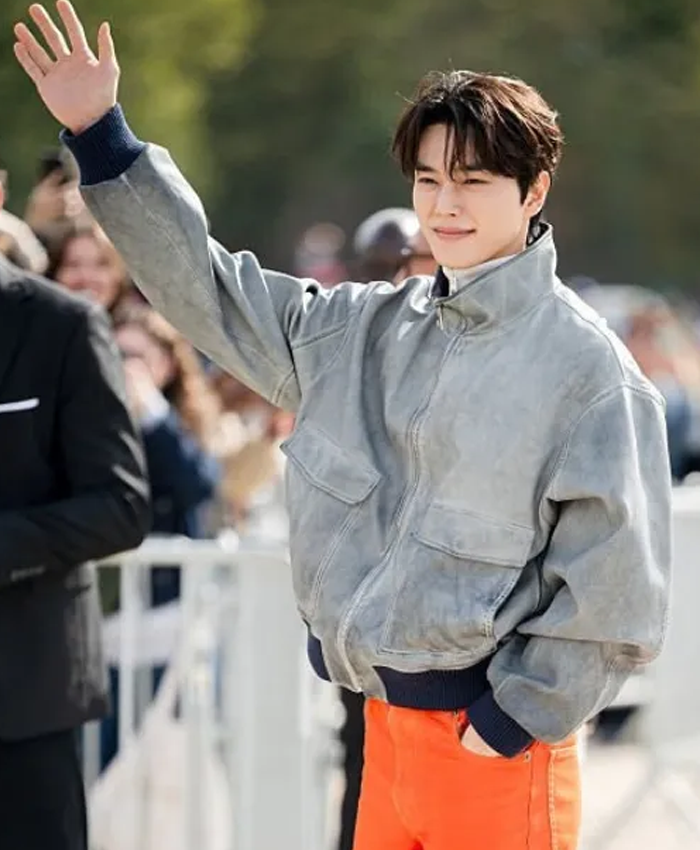 Paris Fashion Week 2026 Song Kang Grey Leather Bomber Jacket Right