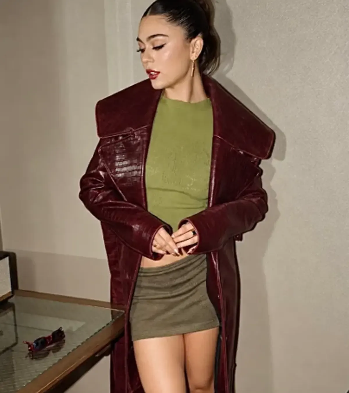 Press Tour 2026 Mika Abdalla Burgundy Leather Trench Coat
