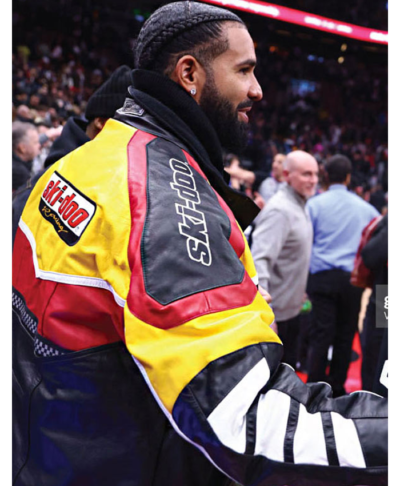 Rapper Drake Ski-Doo Racing Snowmobile Multicolor Leather Jacket Back