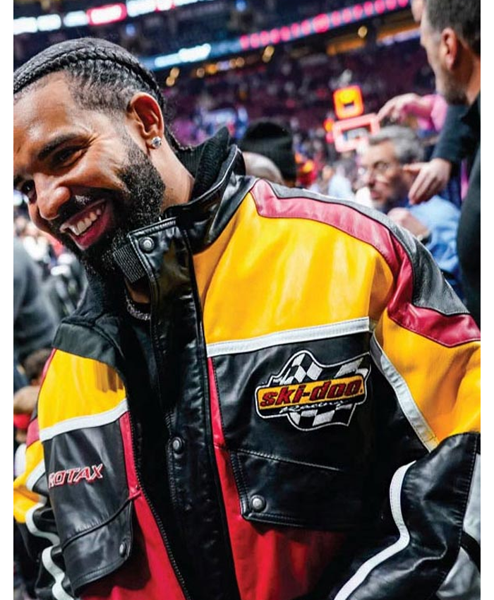 Rapper Drake Ski-Doo Racing Snowmobile Multicolor Leather Jacket Closeup