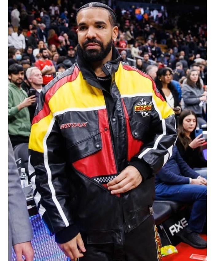 Rapper Drake Ski-Doo Racing Snowmobile Multicolor Leather Jacket Front