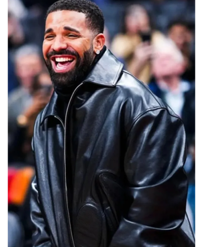 Raptor Vs Warriors Game Drake Black Leather Jacket Front