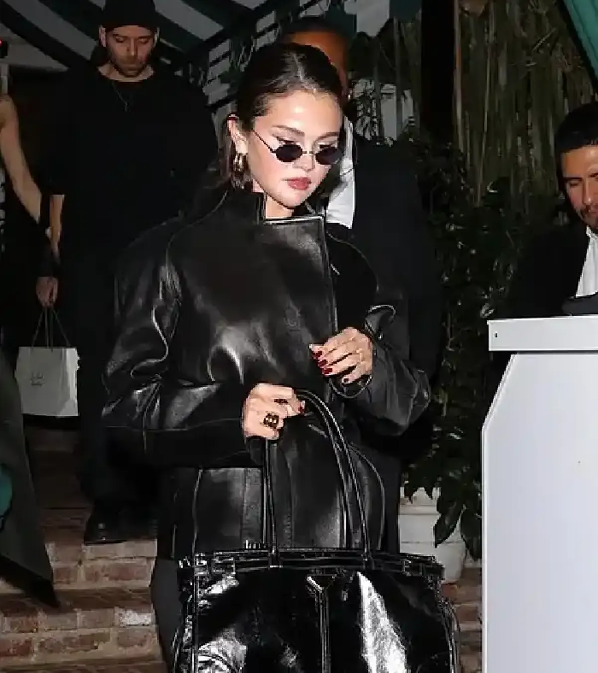Selena Gomez Attends Brooks Nader’s birthday party Black Leather Jacket