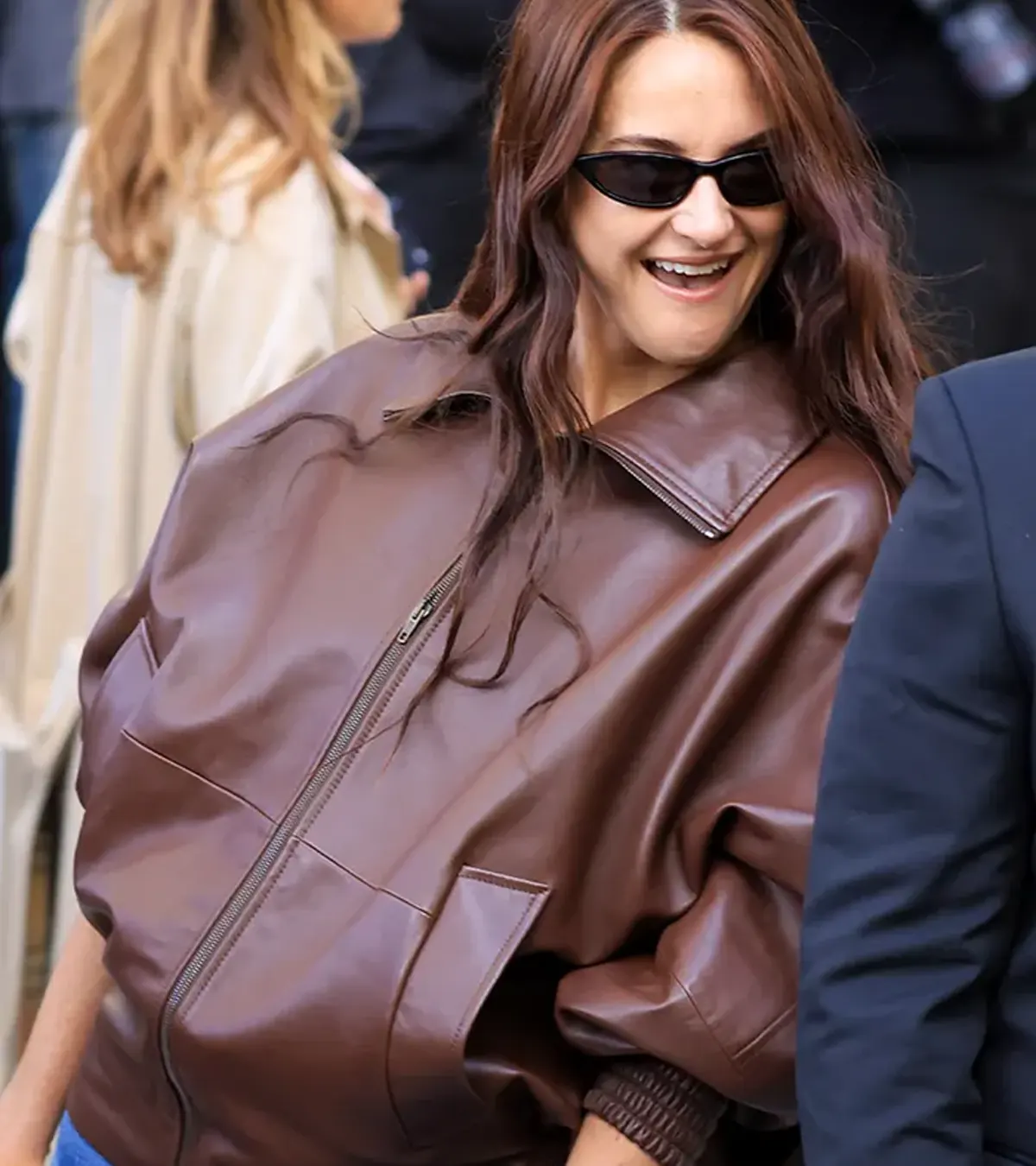 Shailene Woodley Paris Fashion Week 2026 Brown Leather Jacket On Sale