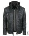 Shop Mens Black Genuine Leather Biker Jacket with Hoodie