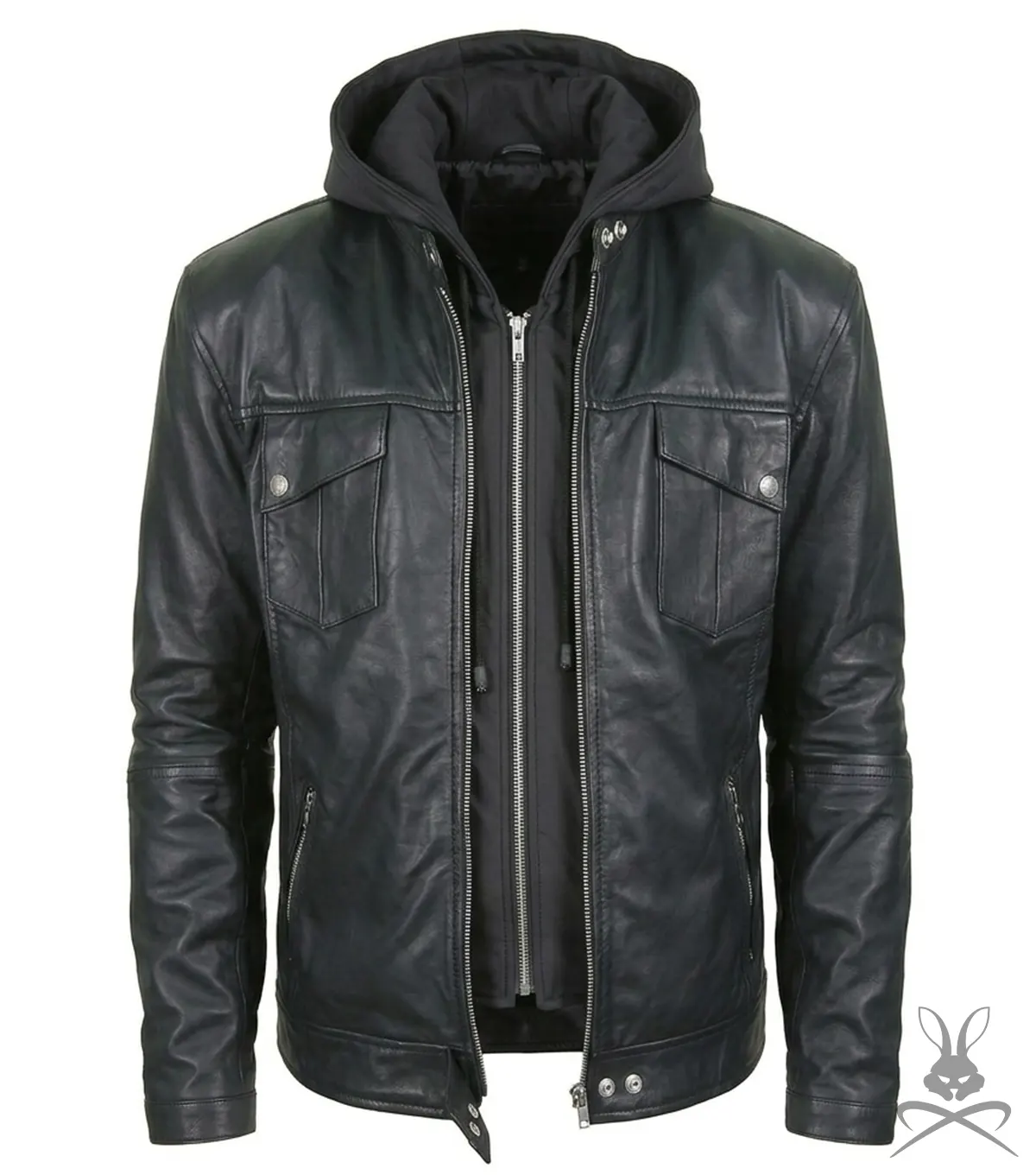Shop Mens Black Genuine Leather Biker Jacket with Hoodie