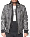 Shop Mens Grey Hooded Leather Bomber Jacket
